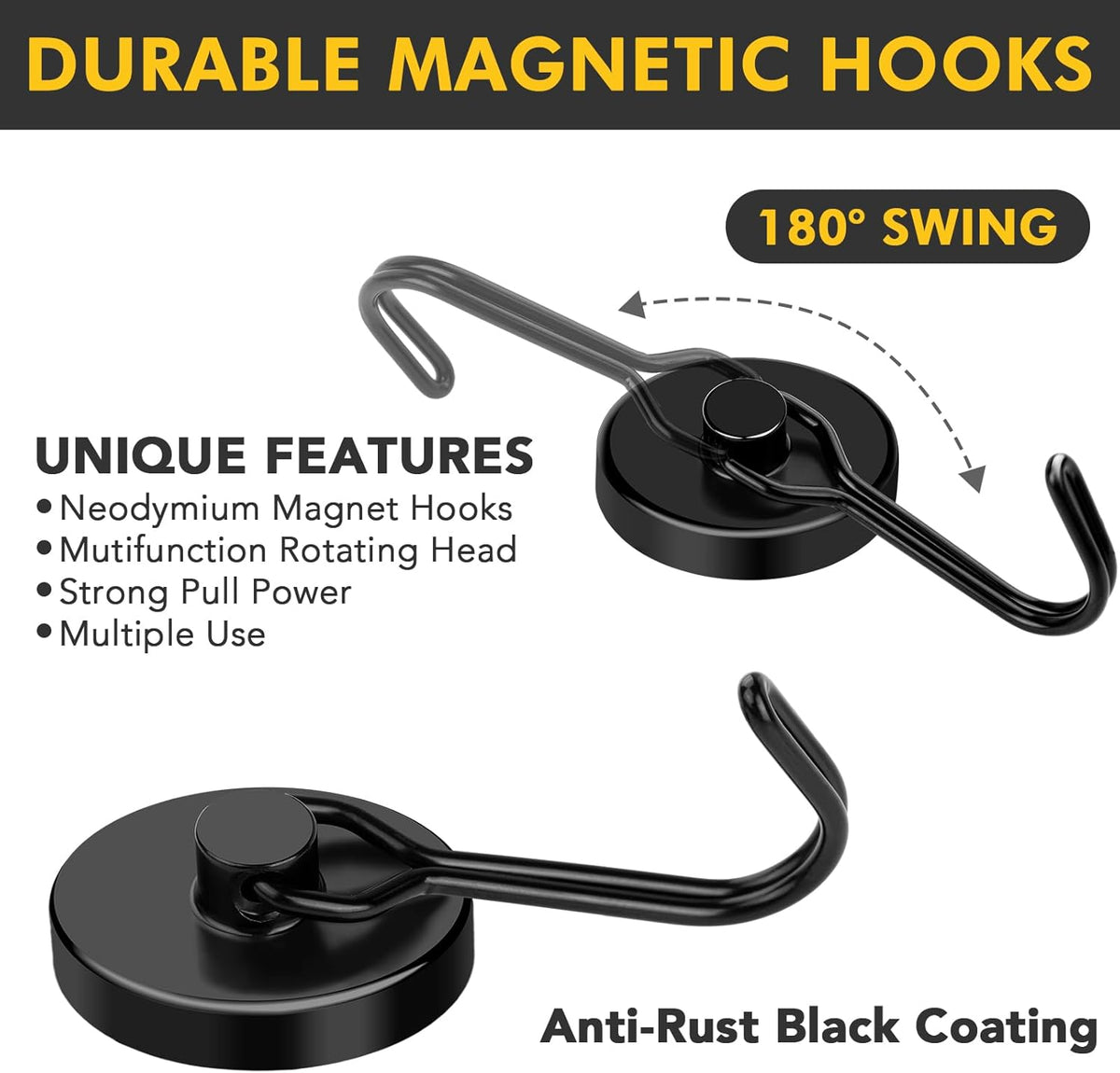 MIKEDE Black Strong Magnetic Hooks, 70LB+ Swivel Swing Magnetic Hooks Heavy Duty, Cruise Hooks Neodymium Magnets with Hooks for Hanging, Home, Metal Door, Office and Garage - Pack of 4