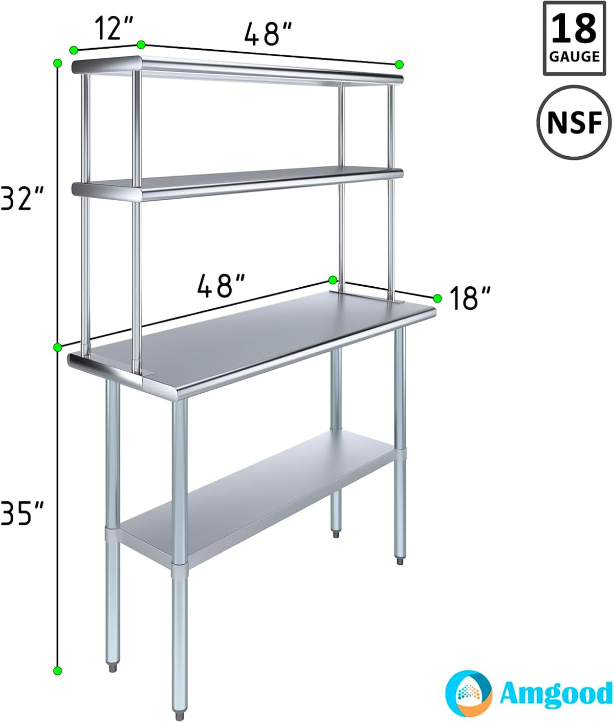 Amgood Stainless Steel Work Table Double Tier Overshelf 18" x 48" Work Table + 12" Overshelf