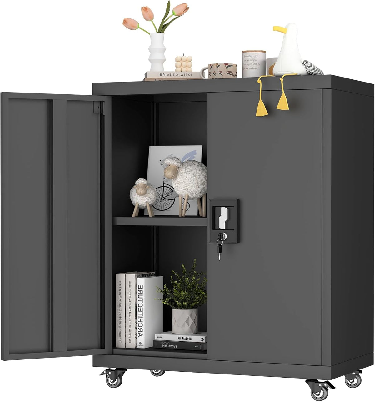 GREATMEET 31.5" H Metal Garage Storage Cabinet with Wheels, Lockable Garage Storage Cabinet with Adjustable Shelves for Home, Office,Kitchen