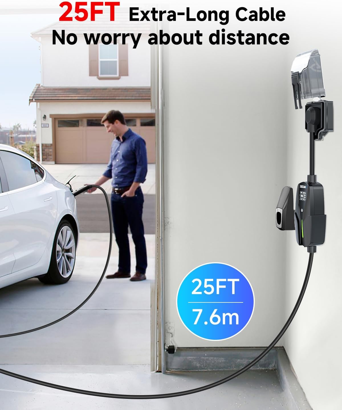 Level 2 EV Charger for Tesla, 32Amp 240V 7.68kW NACS EV Chargers, NEMA 14-50 Plug, Adjustable Current, 25FT Portable Electric Car Charger Compatible with All Nacs (Black)