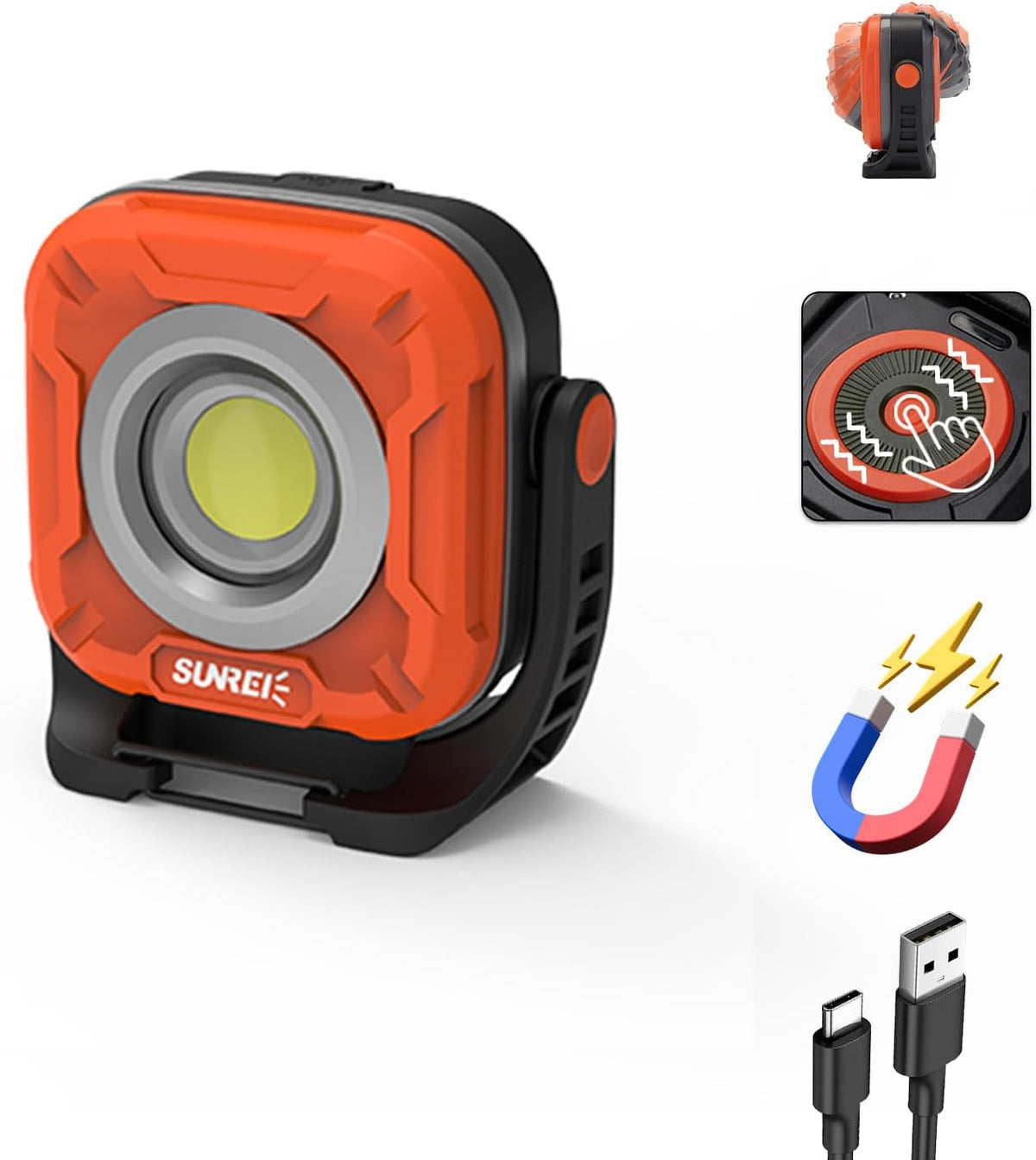 SUNREI 1300LM LED Magnetic Work Light with Stepless Dimming, 7800mAh COB Mechanic Flashlight, IPX65 Recharge Floodlight with Hook, 300° Rotate Job Site Lighting for Car Repairing, Camping, Working