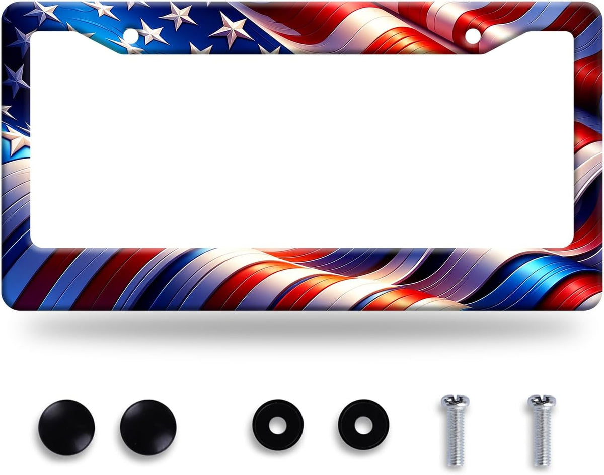 Watercolor American Flag License Plate Frame USA Flag License Plate Stainless Steel Funny License Plate Holder Patriotic America Car Accessory Decoration 12.3" x 6.3"for Men Women