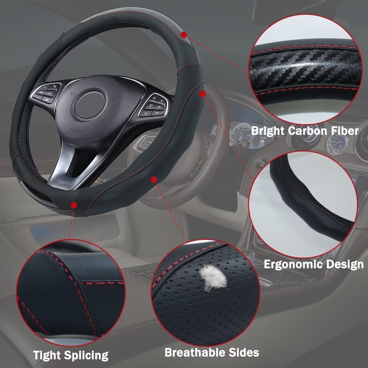 Car Steering Wheel Cover with Cup Coasters, Universal 15 inch Leather Carbon Fiber Steering Wheel Covers Comfort Grip Breathable Anti-Slip Steering Wheel Accessories for SUV Truck Van Auto - Black