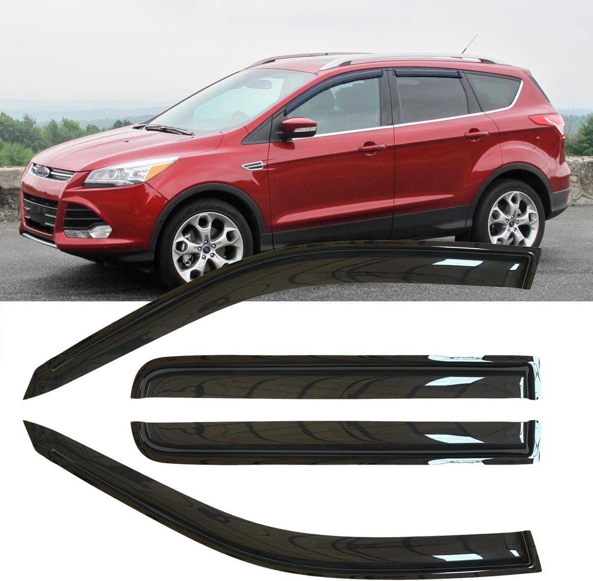 4pcs Original Shatterproof Rainproof Outside Mount Style Sun Rain Guards Durable Side Window Wind Deflectors Dark Smoke Vent Window Visors Compatible with Ford 2013-2019 Escape 94383