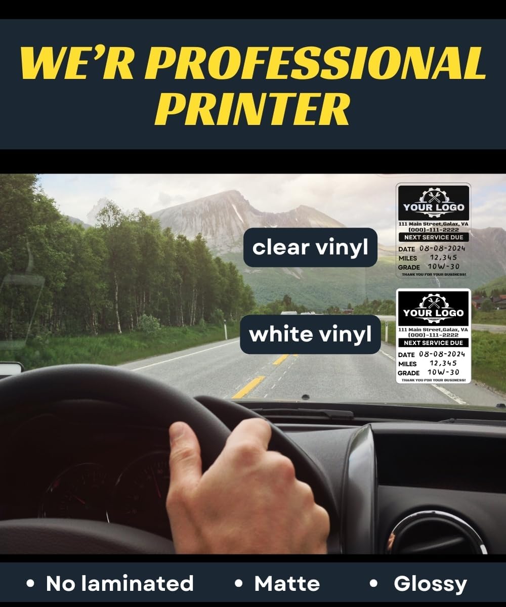 Oil Change Stickers for Windshield Personalized with Your Logo- Custom Oil Change Labels 2''-2.8'', Clear and White Next Service Due Labels for Car Auto Vehicle Window,50-10k Stickers (Small)