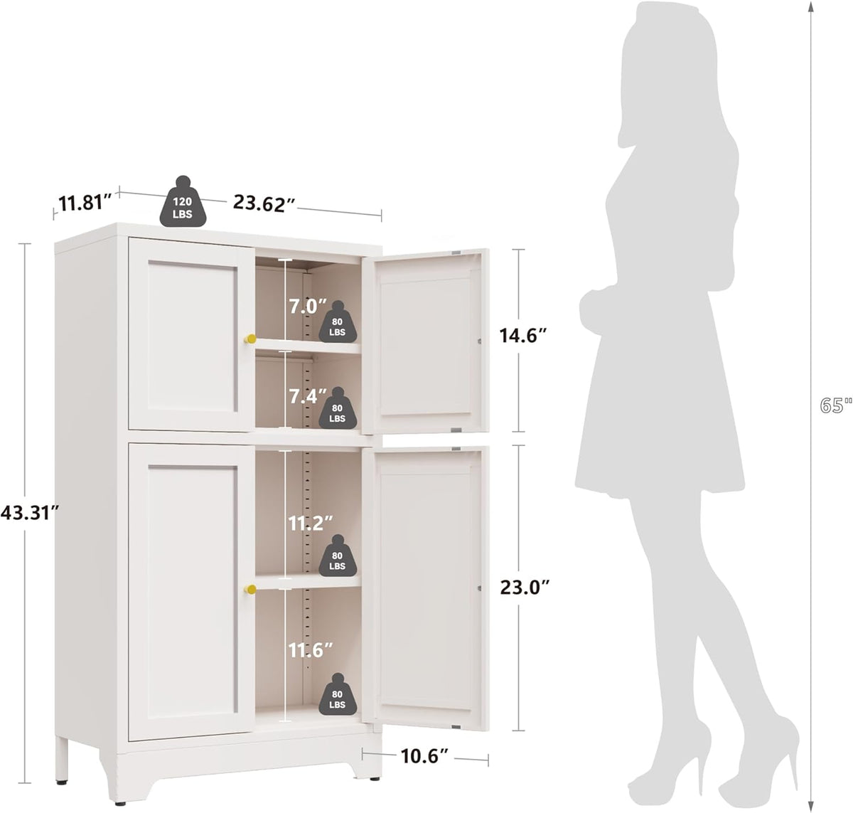 White Bathroom Floor Cabinet, Metal Storage Cabinet with 2 Adjustable Shelves & 4 Doors,Freestanding Sideboard for Dining Room,Living Room, Home Office
