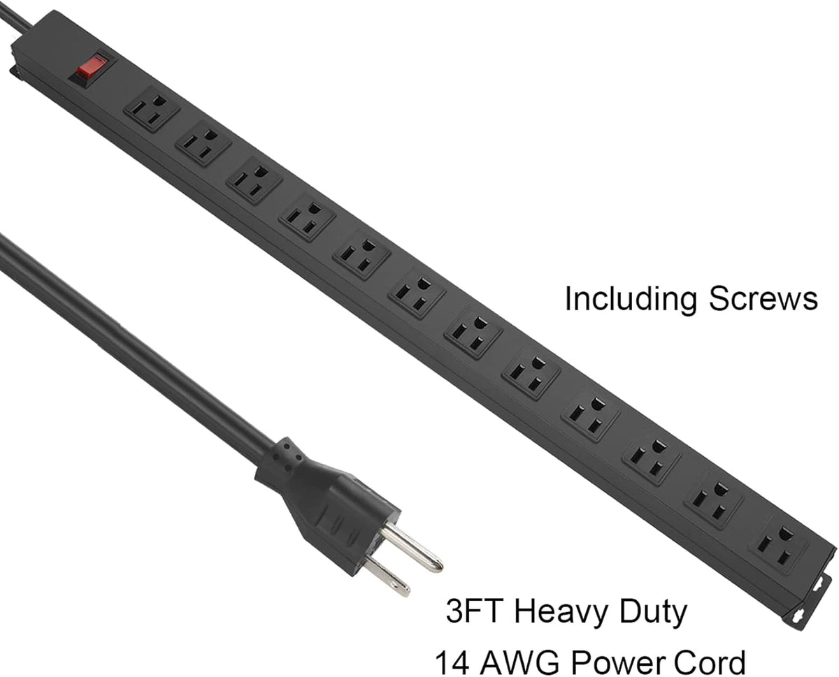 Metal Wall Mount Power Strip, Mountable Power Outlet with 12 AC Outlets, Aluminum Alloy Mount Power Socket with Switch, 3 FT SJT 3/C 14AWG Power Cord, 15A 125V 1875W (12AC)