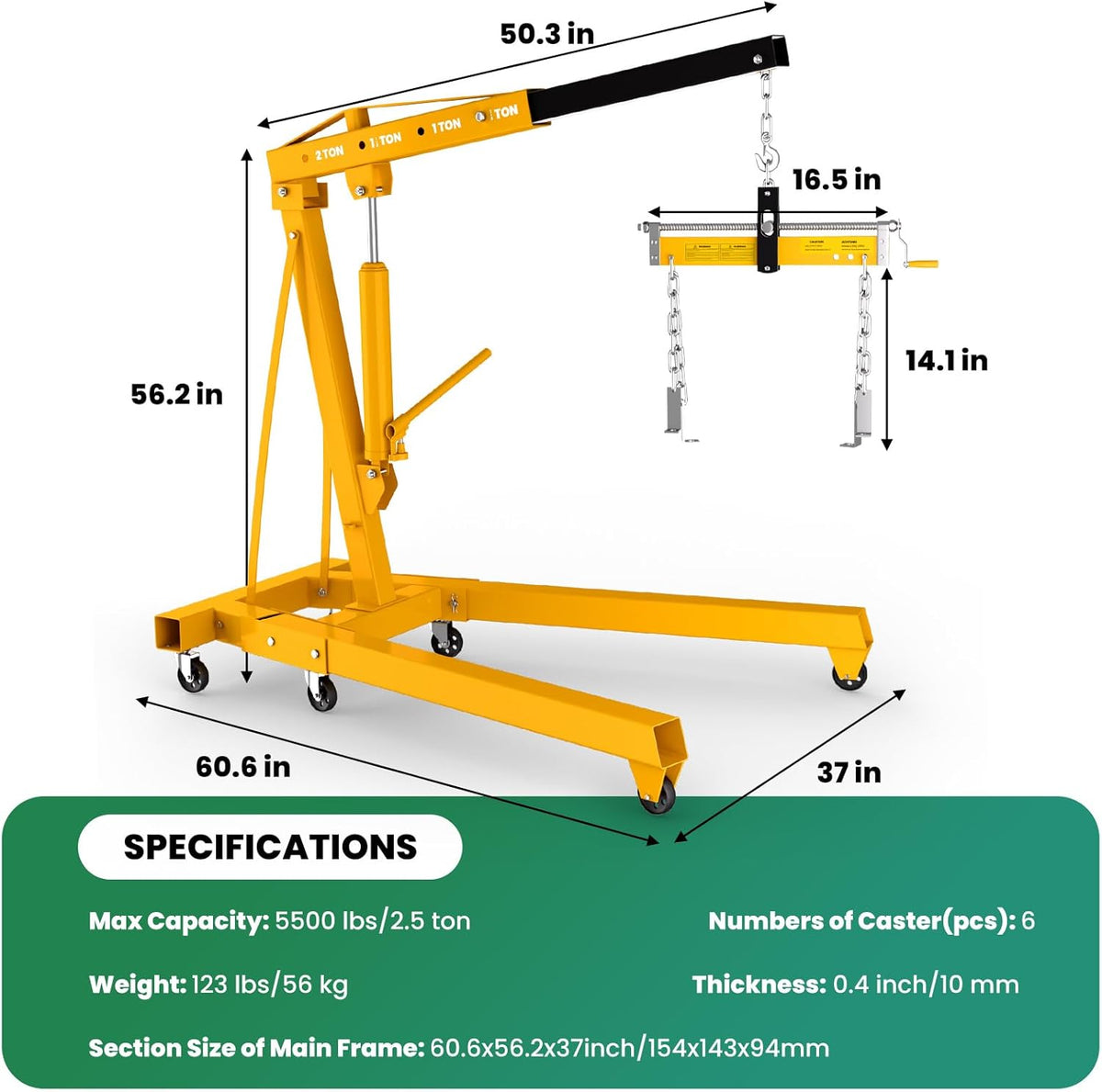 2.5 ton Engine Hoist Cherry Picker with 8 ton Hydraulic Pump -5500 lbs Heavy Duty Engine Crane 60.6x37x56.2,Foldable Design with 6 Swivel Wheels - for Mechanics, hobbyists and Home Users (Yellow)