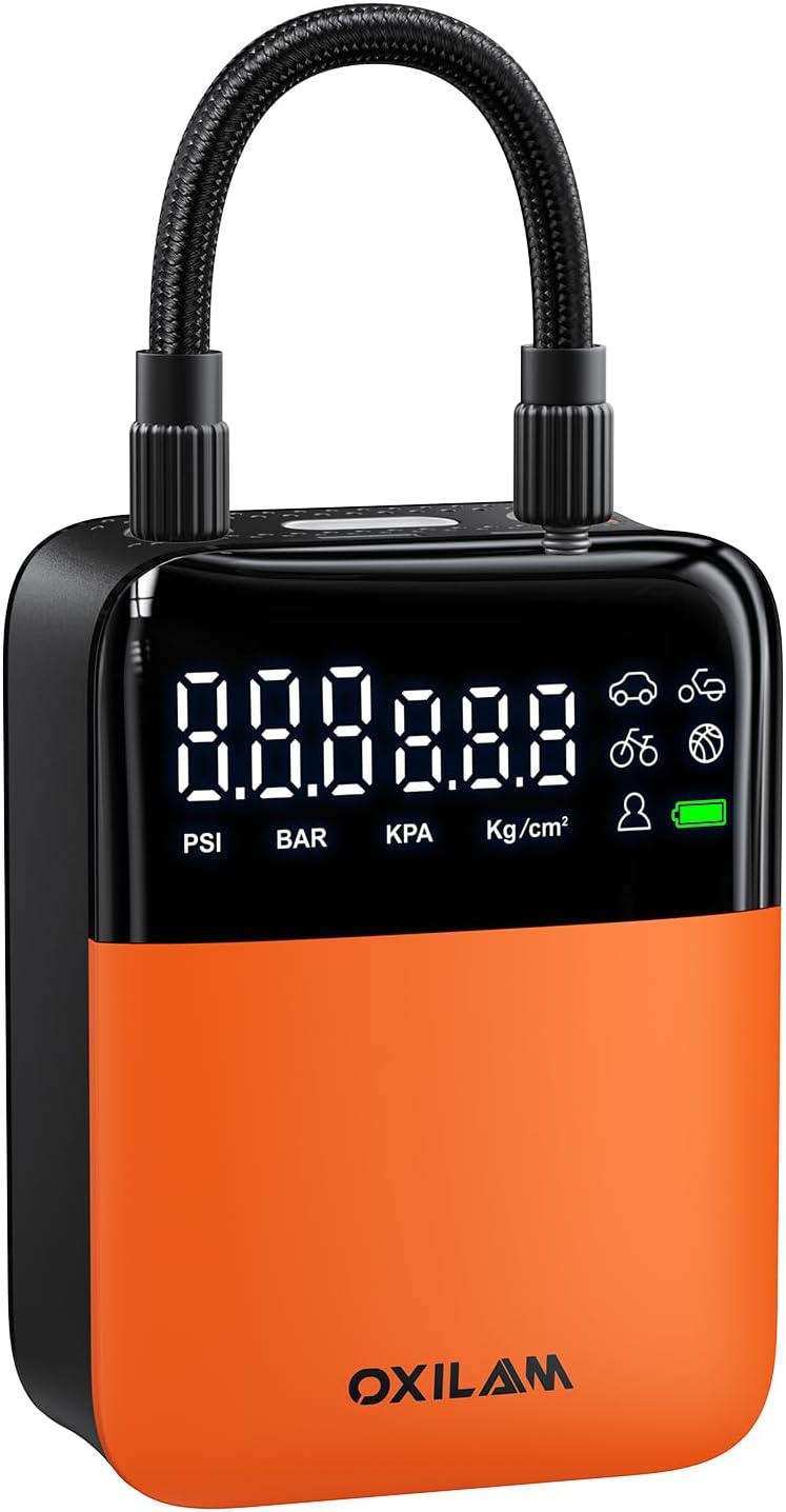 OXILAM C1 Tire Inflator Portable Air Compressor - Rechargeable 3x Faster Air Pump For Car Tires With Tire Pressure Gauge, 150psi Cordless Air Compressor For Car, Motorcycle, Bike, Ball And More