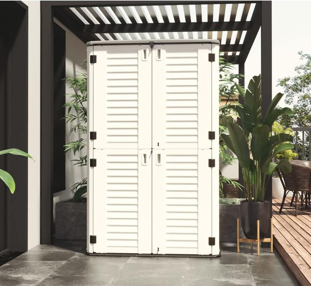 66 Cu.ft Vertical Storage Shed, Waterproof Polyethylene Resin Outdoor Storage with Floor for Garage, Pool, Bike, Garden