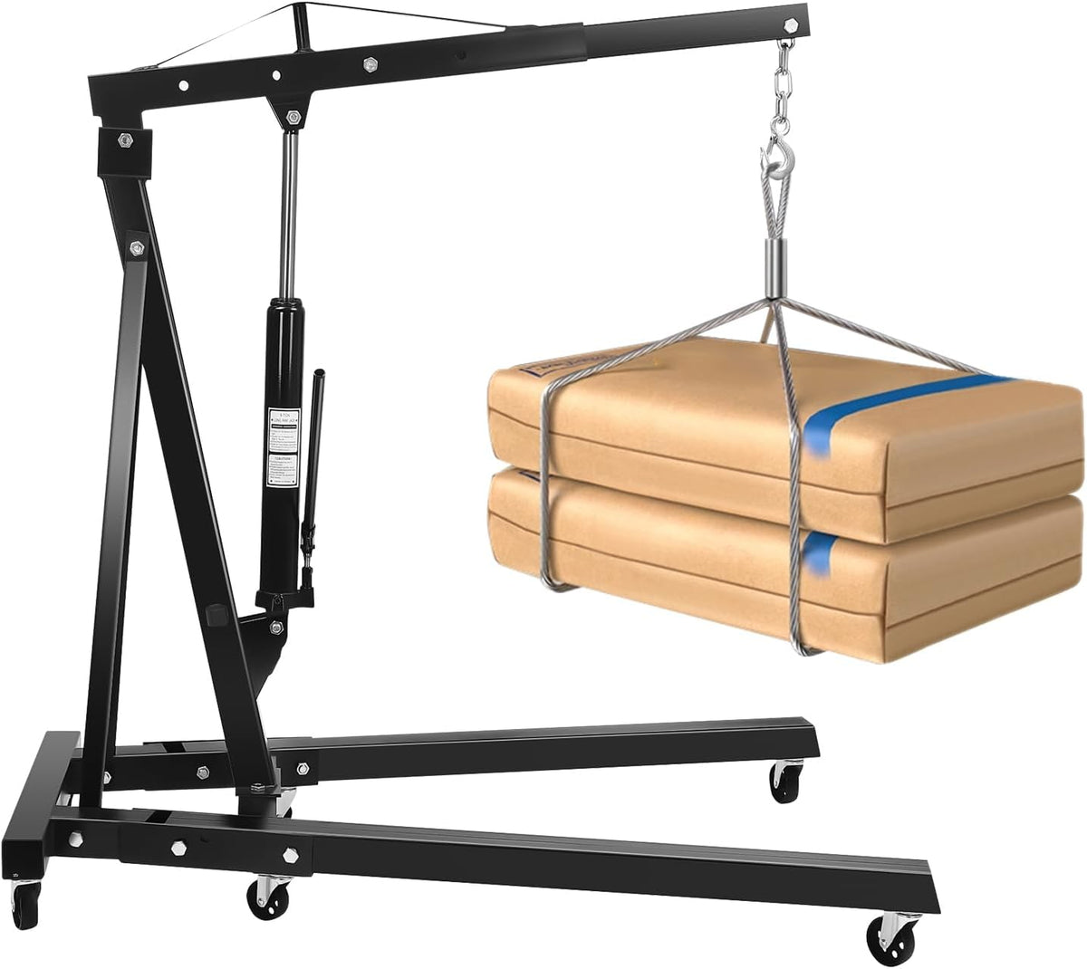 LOYALHEARTDY 2 Ton Hydraulic Engine Hoist, Folding Engine Lift with 6 Wheels, Heavy Duty Steel Shop Engine Crane, Cherry Picker Engine Hoist for Garage, Workshop, 4400 LBS (Black, 2 Ton)