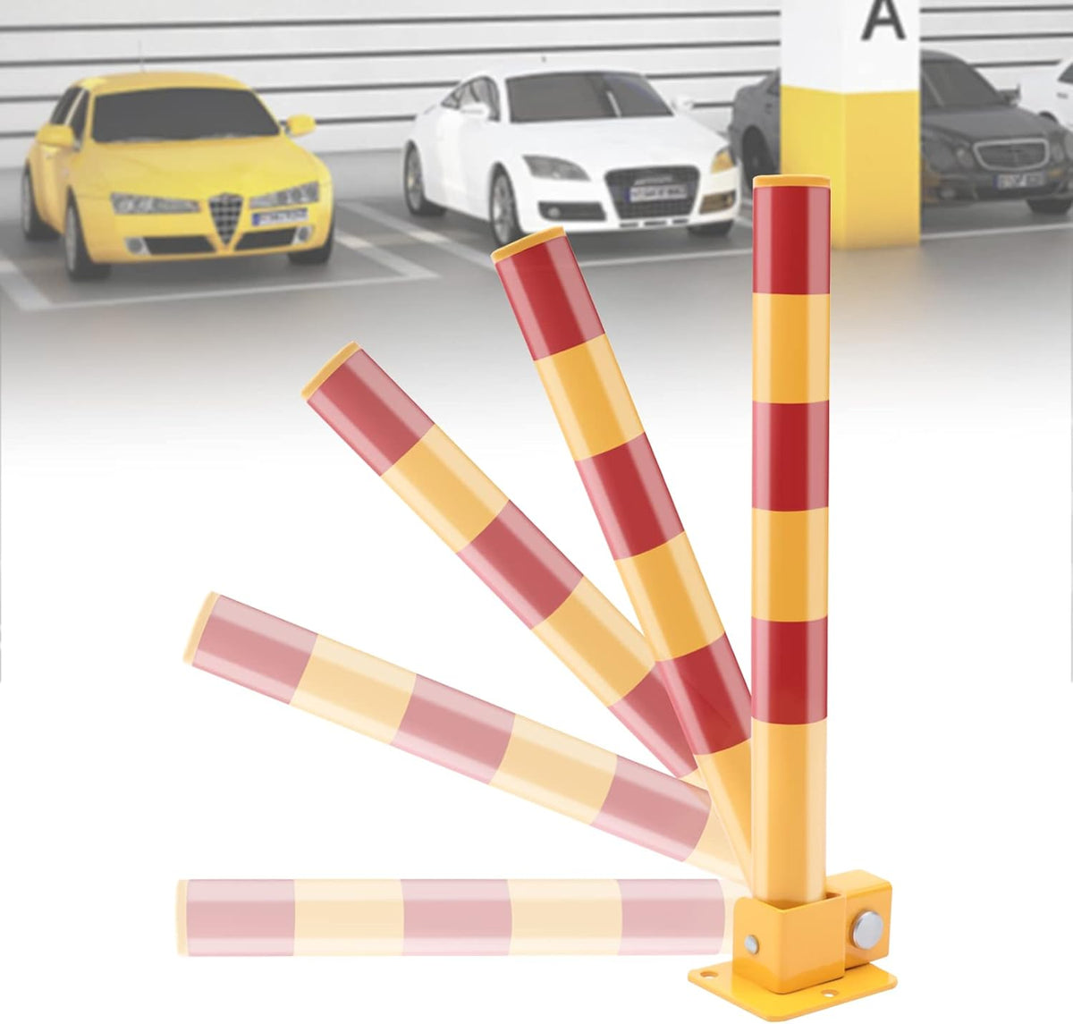 Parking Post and Base With Lock, Parking Barrier Post Parking Blocker Driveway Blocker 23.6 Inch Parking Lock Personal Garage Driveway Barrier Safety Parking Barrier Traffic Pole, Yellow + Red