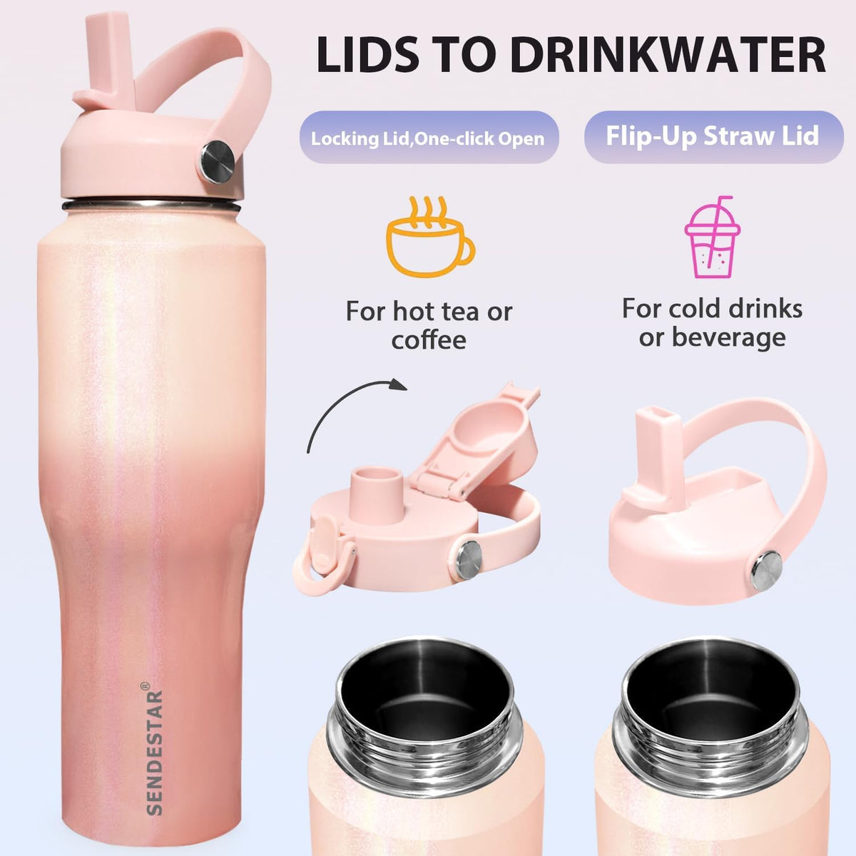 SENDESTAR 40oz Stainless Steel Water Bottle(Cold for 48 Hrs, Hot for 24 Hrs),Double Wall Vacuum Insulated Bottle with Straw Lid, Spout Lid and Flex Cap, Fit in Any Car Cup Holder TXIN-40-Laser G Pink