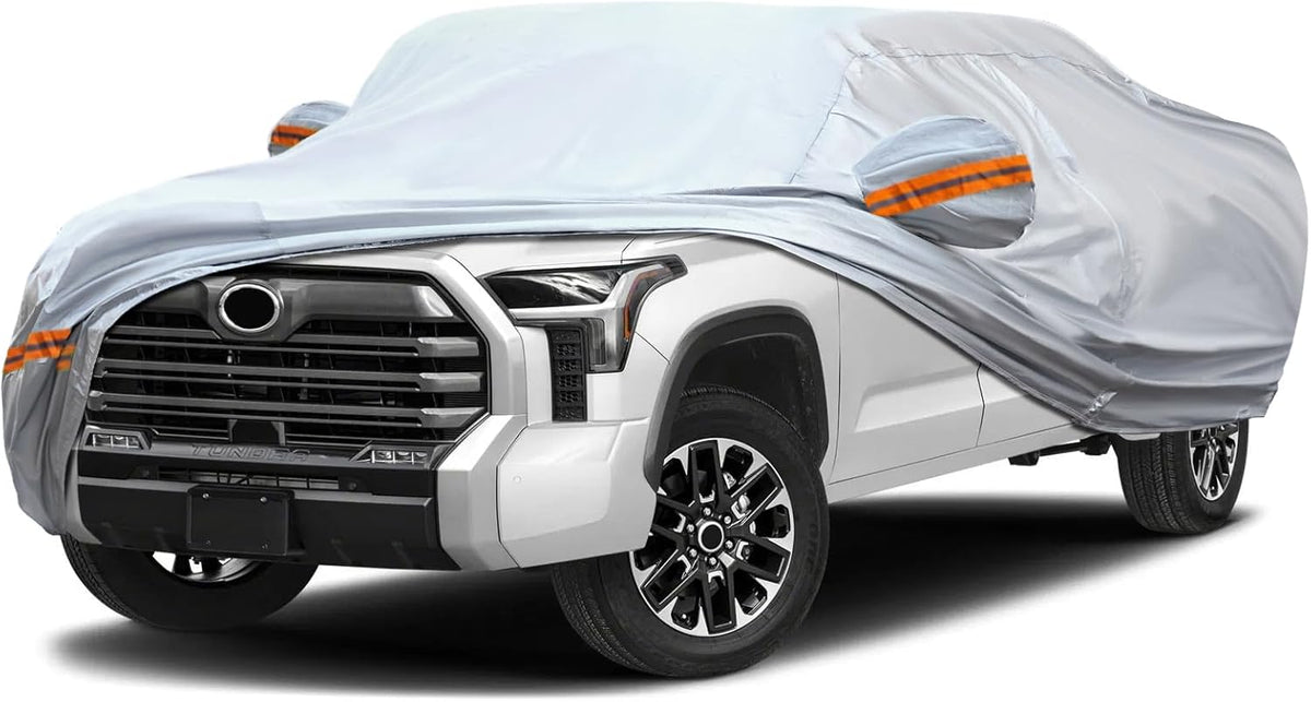 KEYOOG Car Cover, Fit for 230"-260" Length Pickup Truck, 6-Layer All-Weather Waterproof, Universal in All Seasons, Snow Prevention, Rainproof, Acid Rainproof, Sunscreen, Orange Reflective Strip