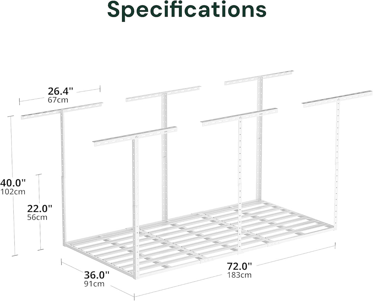 SunsGrove 3x6 Garage Storage Overhead Rack Organization, Adjustable Ceiling Mounted Storage Racks, 800LBS Weight Capacity, 22"-40" Ceiling Dropdown, 2 Pcs, White
