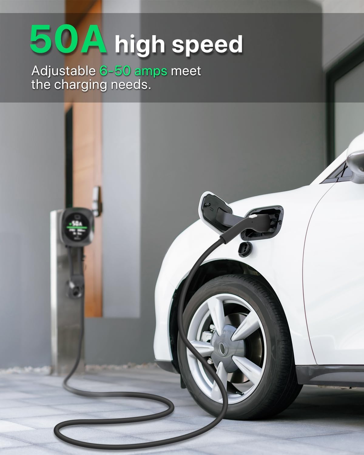 Level 2 EV Charger 50 Amps Smart Motion Sensor Screen Electric Car Charger for Home with WiFi, RFID, 240V, NEMA 14-50 Plug or Hardwire, 25FT Cable APP Controlled Vehicle Chargers for All EVs