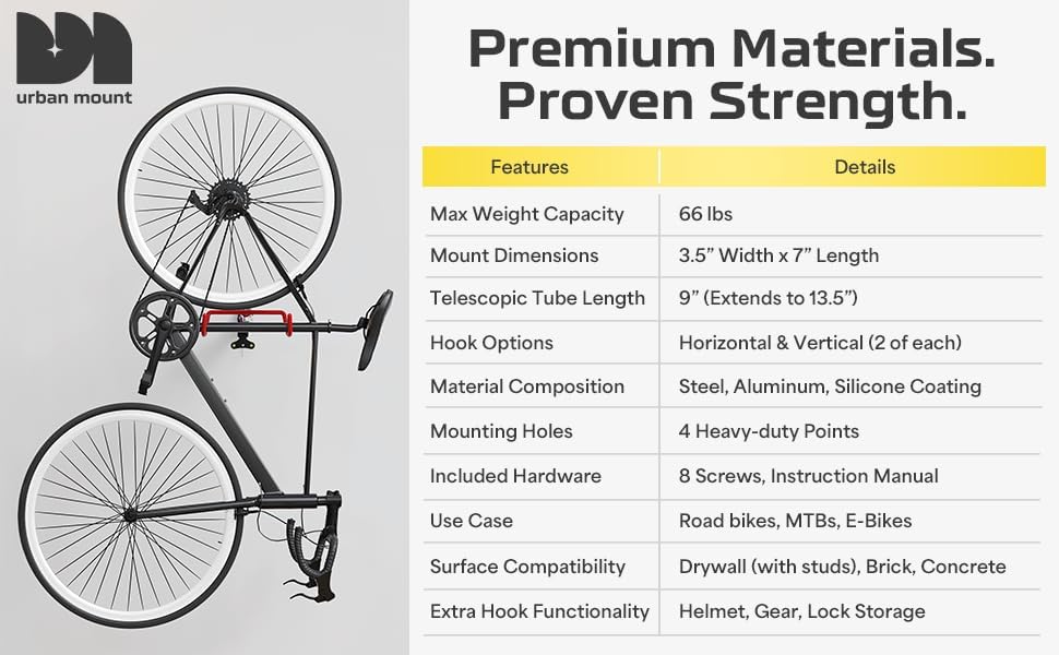 UrbanMount Wall Mount Bike Rack Garage - Mountain Bike Wall Mount Horizontal Vertical Design with 66lbs Cap, Screws, Installation Manual - Secure Road Cycling Holder Storage, Bicycle Hanger for Home