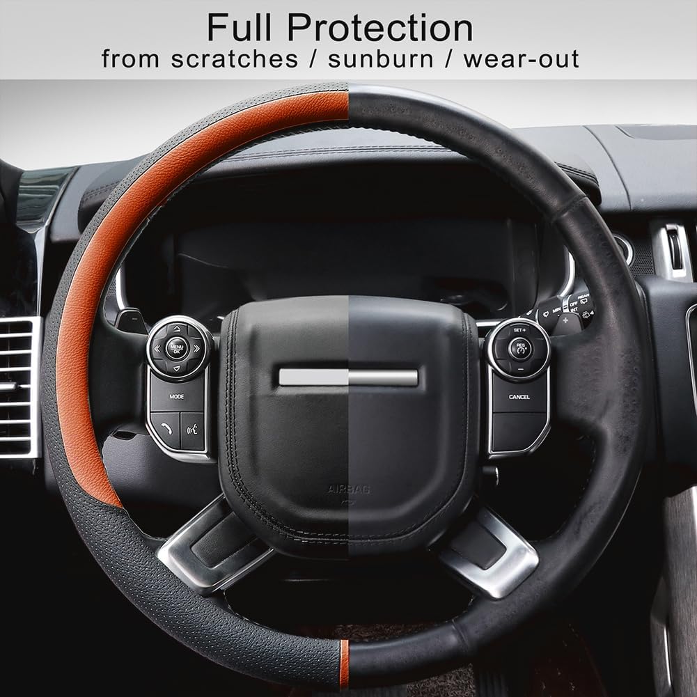 COFIT Breathable Car Steering Wheel Cover 15 inch Auto Universal Leather Wrap Non-Slip Steeringwheel Protector Automotive Interior Accessories, Orange (Suit for 14.5-15 inch)