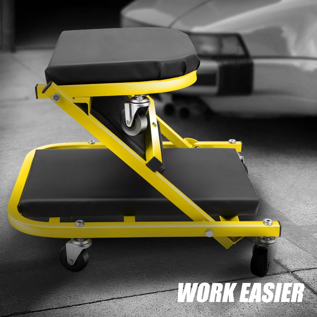 DNA MOTORING 40 Inches Folding 2 in 1 Rolling Z Creeper, Adjustable Roller Garage Chair Lay Down or Sit, 6 Pcs 2" Casters, 150kg Weight Capacity, Yellow, TOOLS-00187-YL