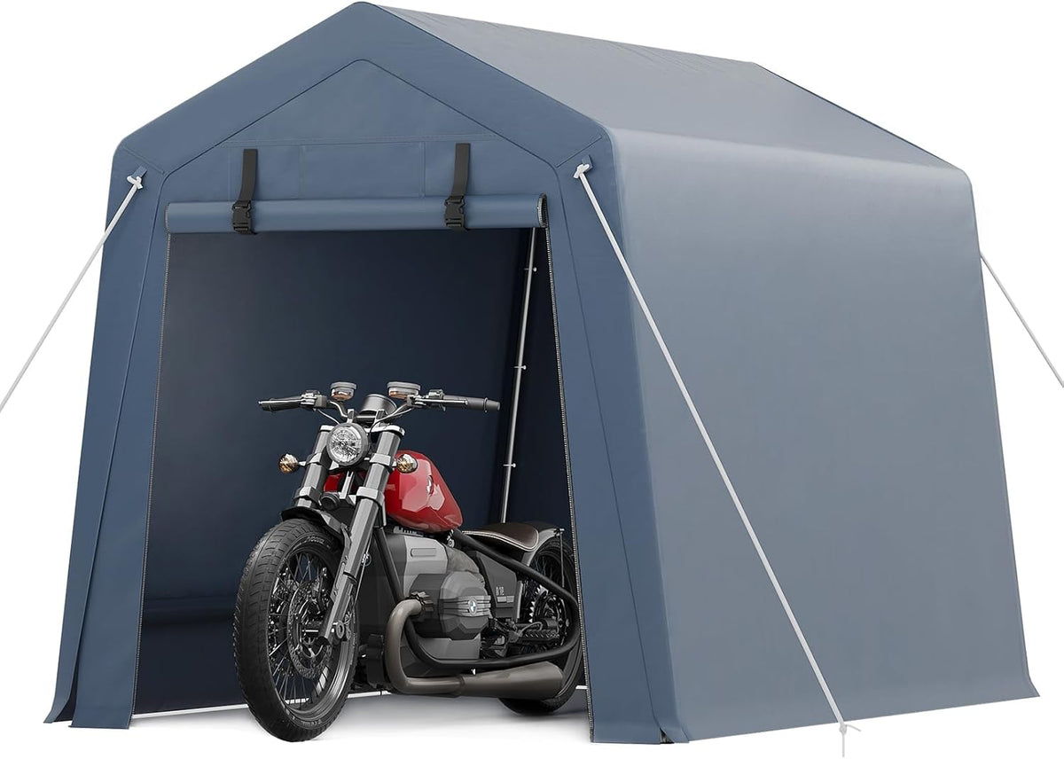 6x6 FT Outdoor Storage Shed, Portable Carport with Roll-up Ventilated Zipper Door and Windows, Heavy Duty Waterproof Tarp, Storage Sheds for Motorcycle, Bike, Firewood, Garden Tools