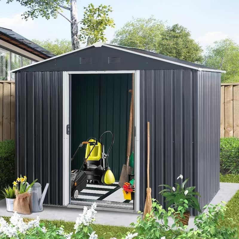 8x6 FT Outdoor Storage Shed,Metal Shed with Floor,Garden Shed W/Air Vent & Lockable Sliding Door,All Weather Waterproof Tool House W/Sloped Roof,for Patio,Yard,Lawn,Black