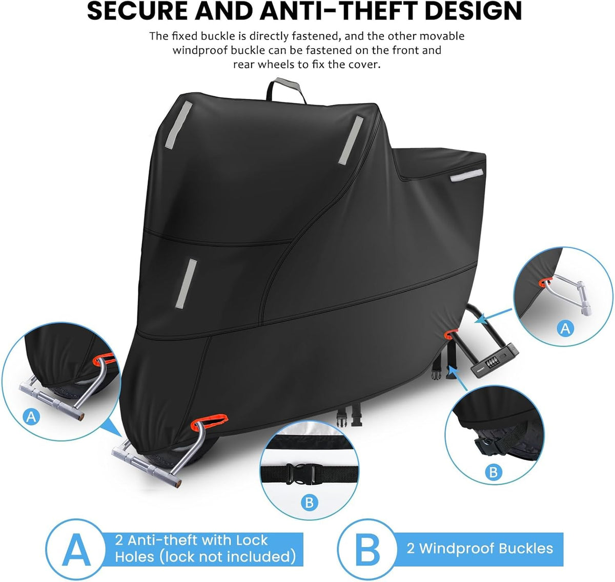 Motorbike Cover Waterproof Outdoor, Motorcycle Scooter Moped Rain Dust Cover with 5 Reflective Strips and 2 Windproof Buckles, 2 Lock-Holes fits Cruisers Sportbikes (1XL: 91 x 35 x 49 inch)