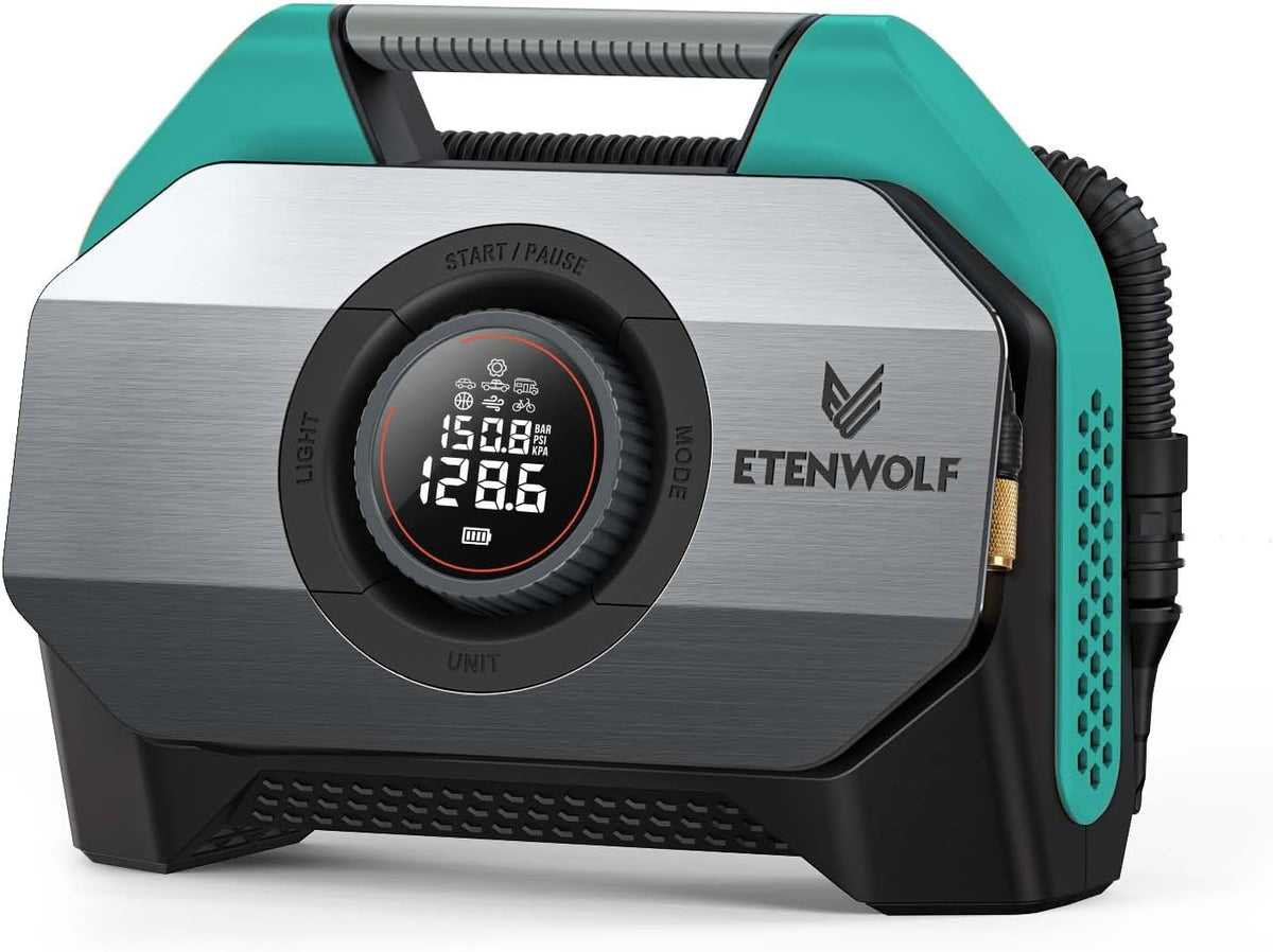 ETENWOLF VORTEX S6 Tire Inflator Portable Air Compressor for Heavy-duty Vehicles, Cordless Air Pump for Car & Inflatables with 19200 mAh Battery, 100% Duty Cycle & Dual Cylinder Bike Pump, Dark Cyan