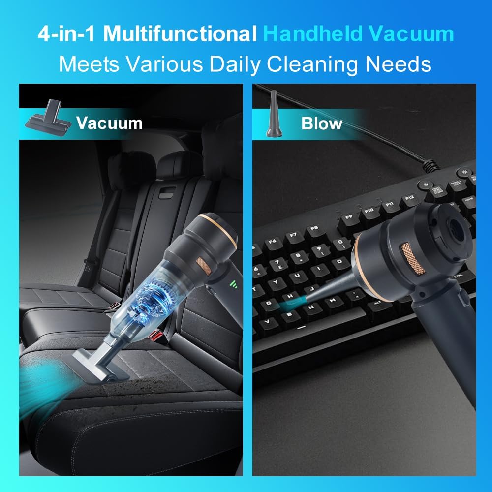 Handheld Car Vacuum 18000PA, 4-in-1 Mini Vacuum Cleaner Portable Cordless, Air Blower, High Power Air Duster with Brushless Motor, Suitable for Car, Home, Pet, Office, Camping (Golden)