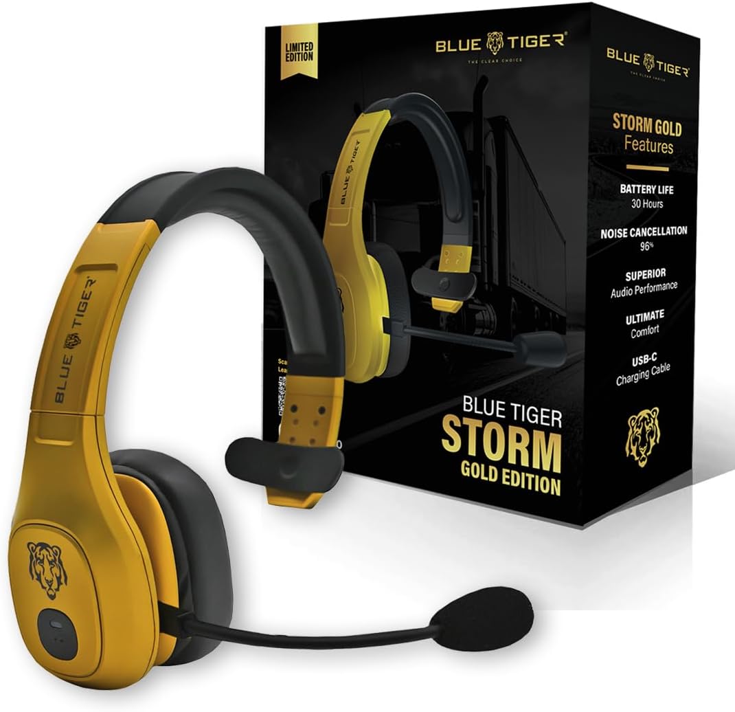 Blue Tiger Storm Gold - Premium Trucker Bluetooth Headset-Wireless Noise Canceling Mono Headset with Mic -High-Fidelity Sound, 30-Hour Talk Time, USB-C Charging - for Truck Drivers, Bluetooth 5.0