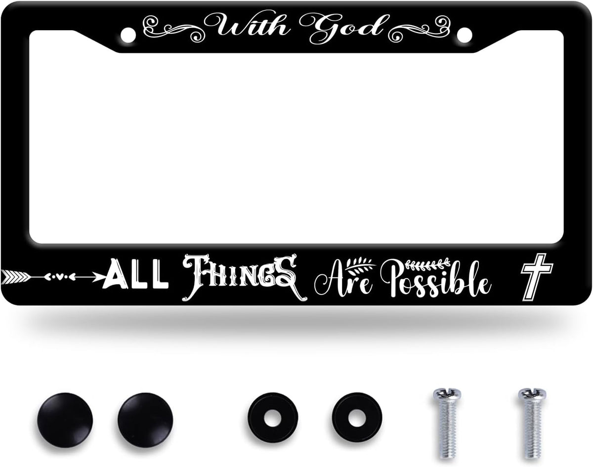 with God All Things are Possible License Plate Frame Christian License Plate Stainless Steel Funny License Plate Holder Men Women Personalize Jesus Cross Car Accessory Decoration 12.3" x 6.3"