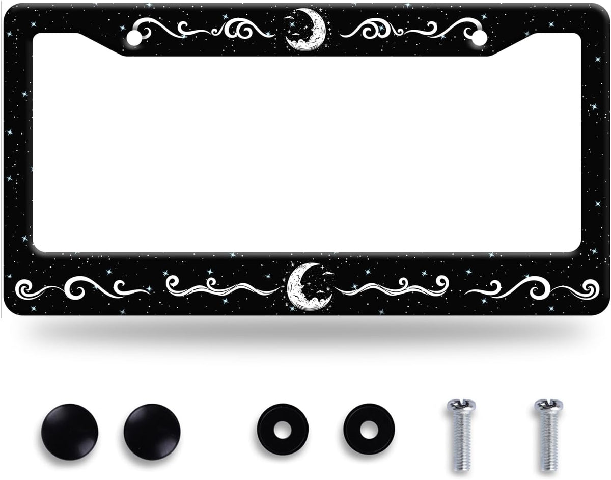Moon License Plate Frame Stars Waves Starry Sky License Plate Stainless Steel Funny License Plate Holder Galaxy Car Accessory with Screws Car Decoration 12.3" x 6.3" for Men Women