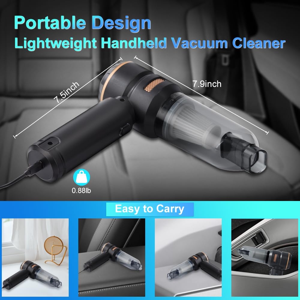 Handheld Car Vacuum 18000PA, 4-in-1 Mini Vacuum Cleaner Portable Cordless, Air Blower, High Power Air Duster with Brushless Motor, Suitable for Car, Home, Pet, Office, Camping (Golden)