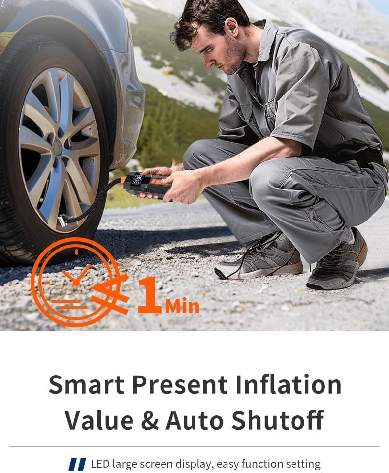 Tire Inflator Portable Air Compressor, 6X Faster 180 PSI Cordless Air Compressor, Air Pump with Pressure Gauge - Portable Tire Inflator for Car, Pickup, Motor, Bicycle, Balls and More