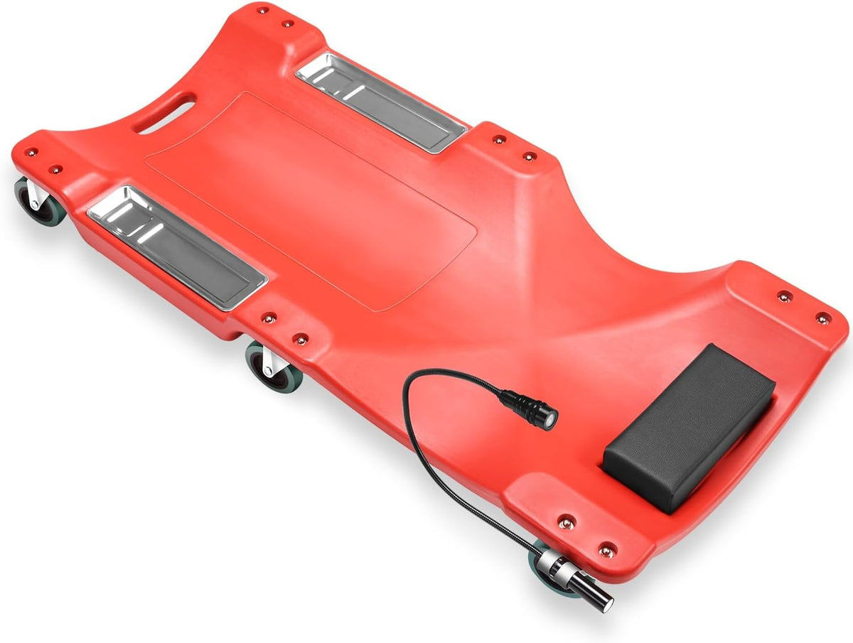 Auto Dynasty 40 Inches Mechanic Creeper, Automotive Garage Repair Low Profile Under Car Rolling Creeper with LED Light and Padded Headrest, Plastic, Red