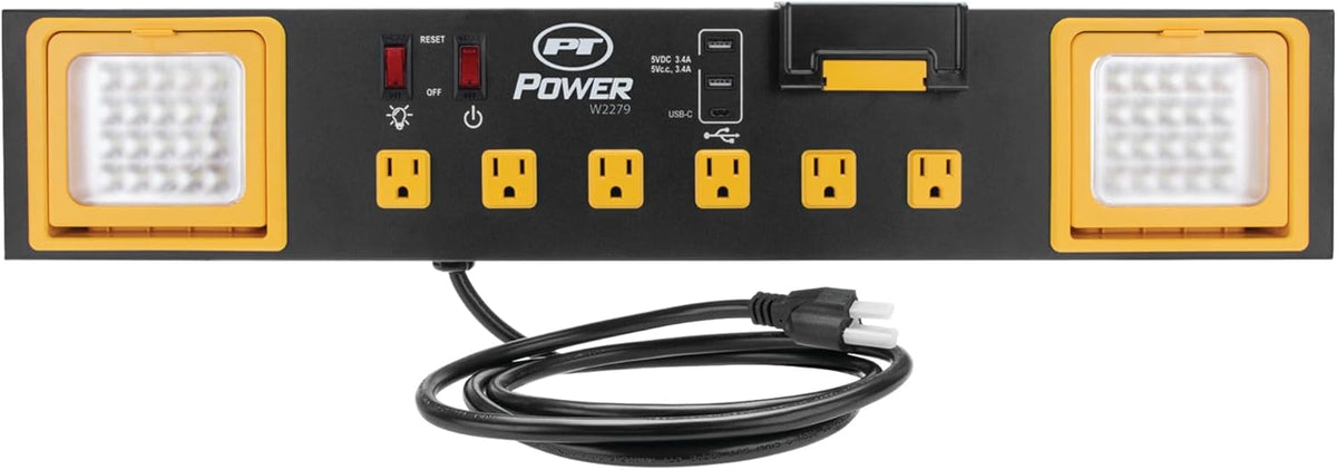 Performance Tool W2279 Commercial Grade Power Station with 6 Outlets, 2 USB Ports, Built-In Cradle, and LED Lights, Ideal for Workshops and Garages