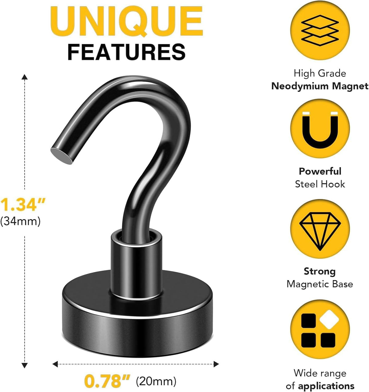 DIYMAG Black Magnetic Hooks, 50 LB Heavy Duty Strong Magnets with Hooks, Rare Earth Neodymium Magnetics Hooks for Cruise Cabins Cruise Ship Essentials 8 Packs
