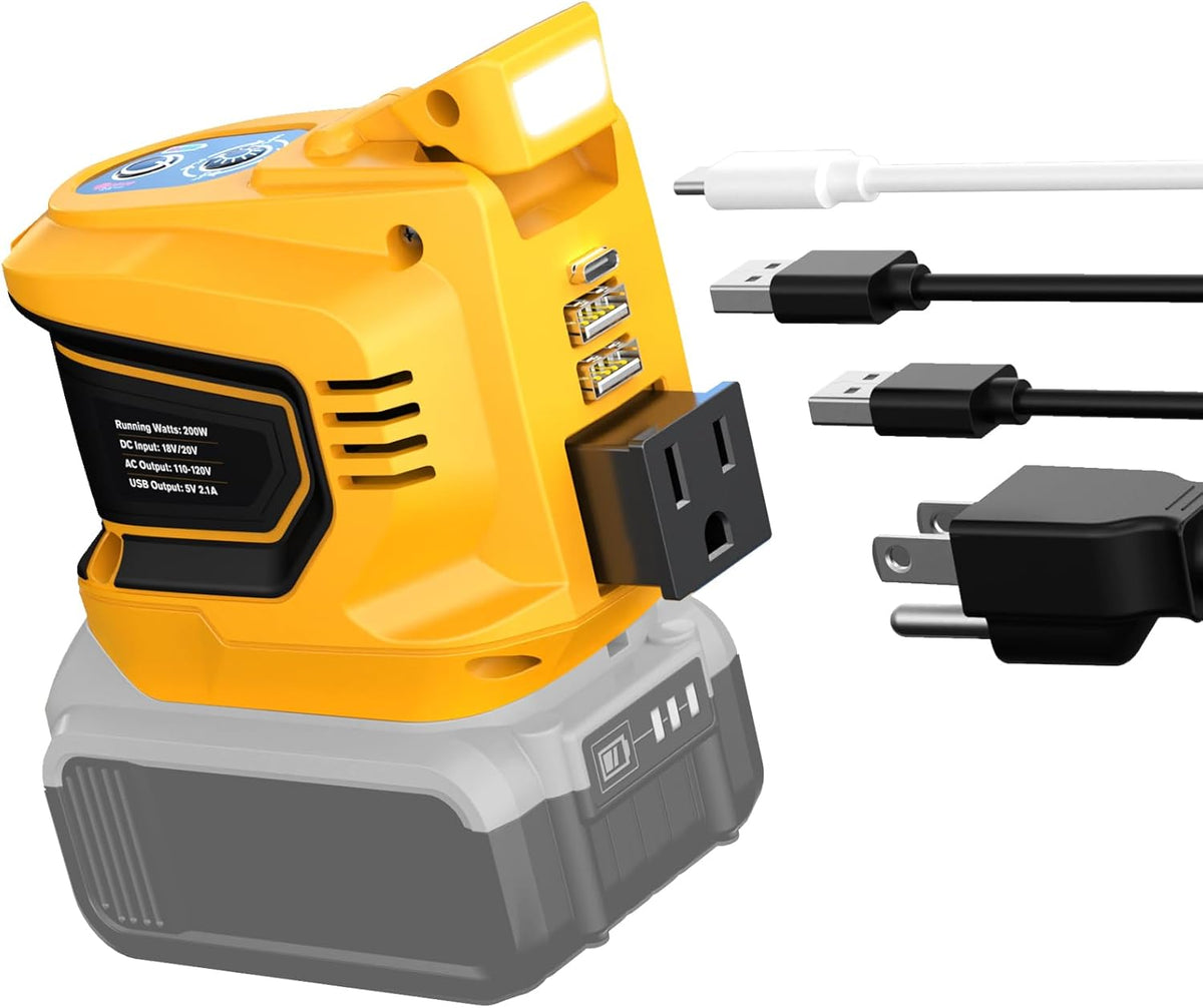 200W Portable Power Inverter for DeWALT 20V,Ecarke Outdoor Generato Battery Converter with 2 USB&LED&AC Battery Powered Outlet,Convert DC 18V/20V to AC 110V-120V Portable Power Station(Tool Only)