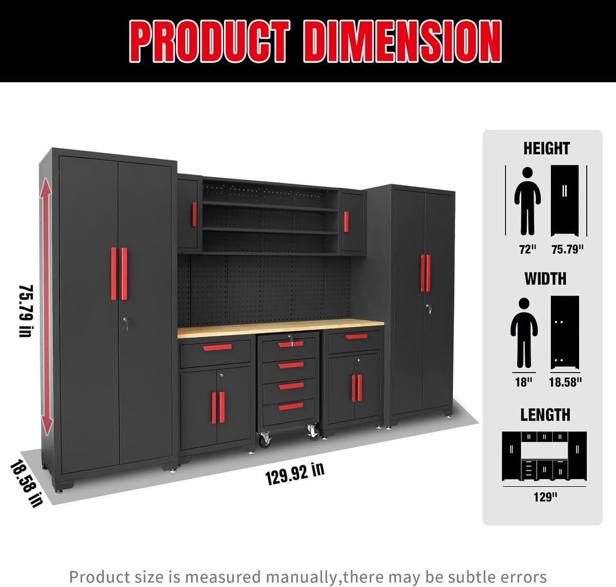 Torin Garage Storage Cabinets System, 8-Pcs Workshop Cabinet Set in Black, Included Steel Cabinets Drawers Rolling Chest and Pegboard,Locked Garage Storage Cabinet