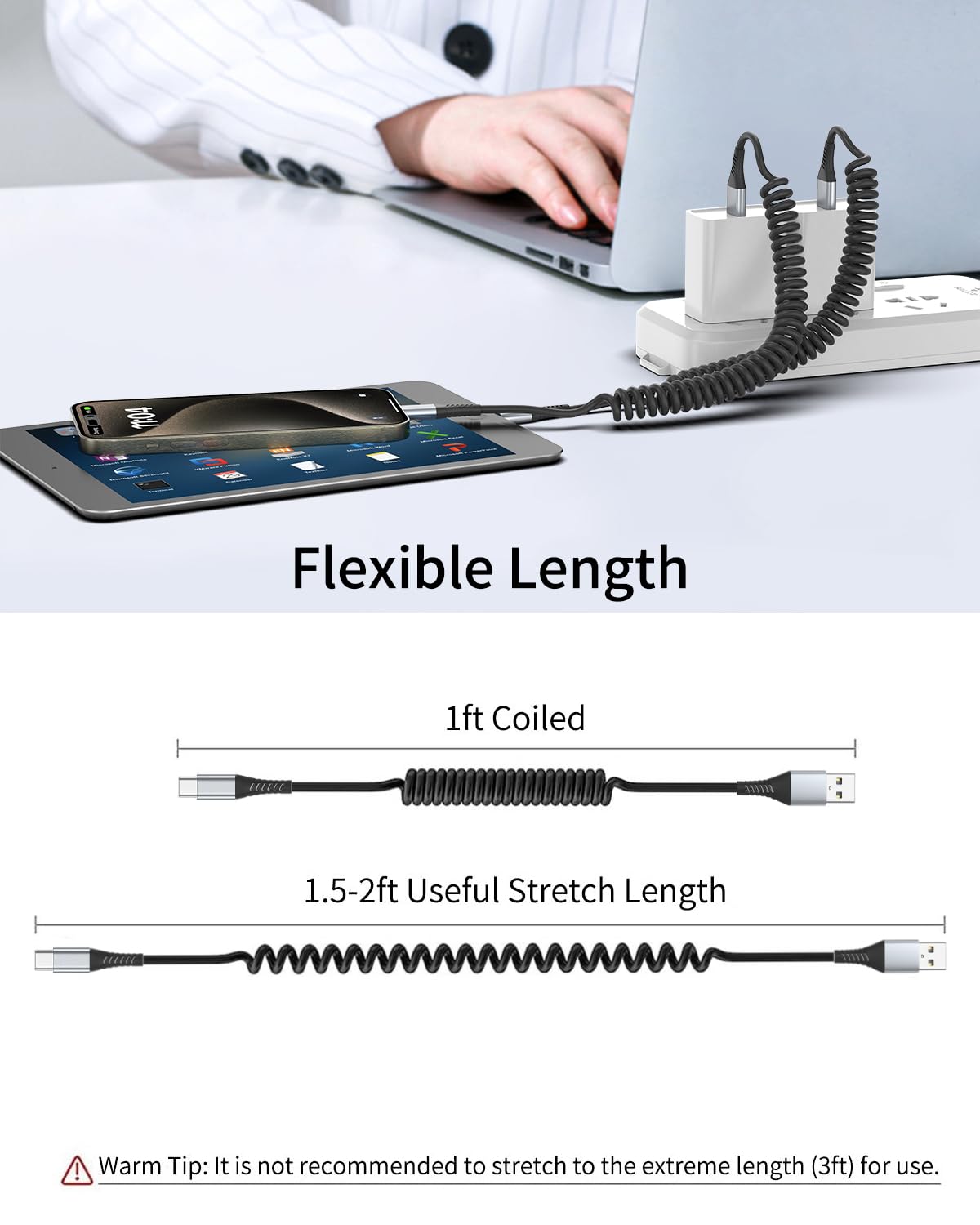 Coiled USB C Cable, 2 Pack USB Type C Coiled Cable for Car Short USB C Retractable Cable for iPhone 15 Pro Max, Samsung Galaxy S23 S22, Moto G8, Google Pixel, USB C Carplay Cord for Android Auto