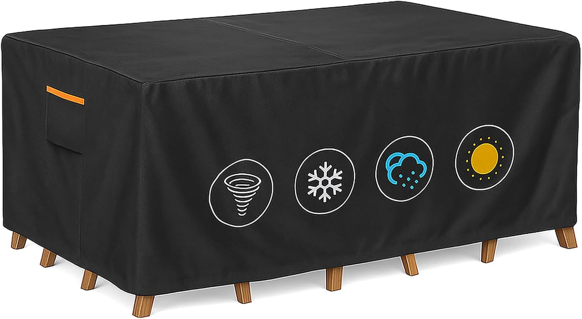 Outdoor Waterproof Furniture Cover, 88W x 62L x 28H inches Heavy Duty 600D Rectangular Table and Chair Set Protection, Black