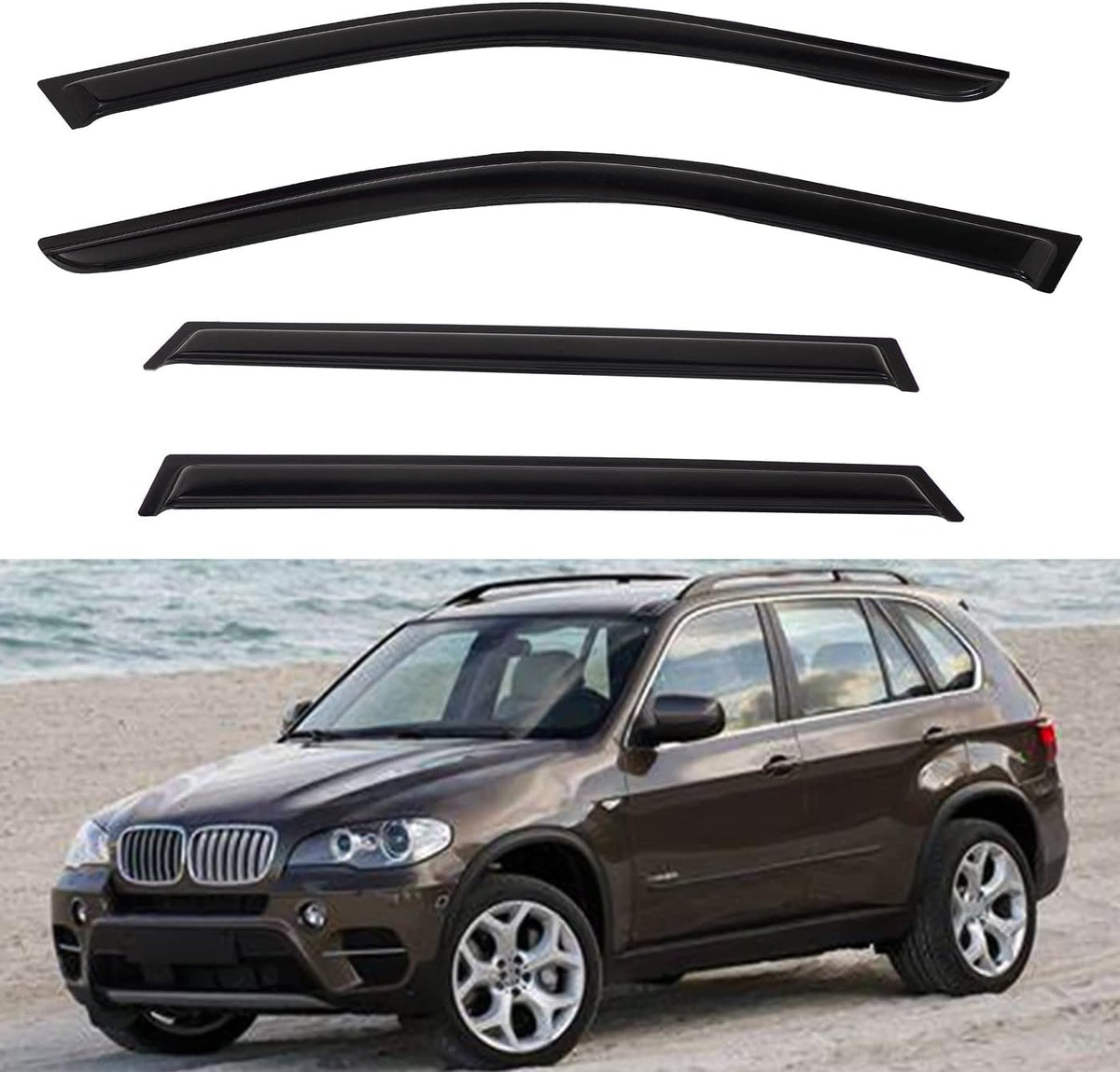 4pcs Front+Rear Smoke Tint Sun/Rain Guard Outside Mount Tape-On Vent Window Visors Compatible with 07-13 X5 E70