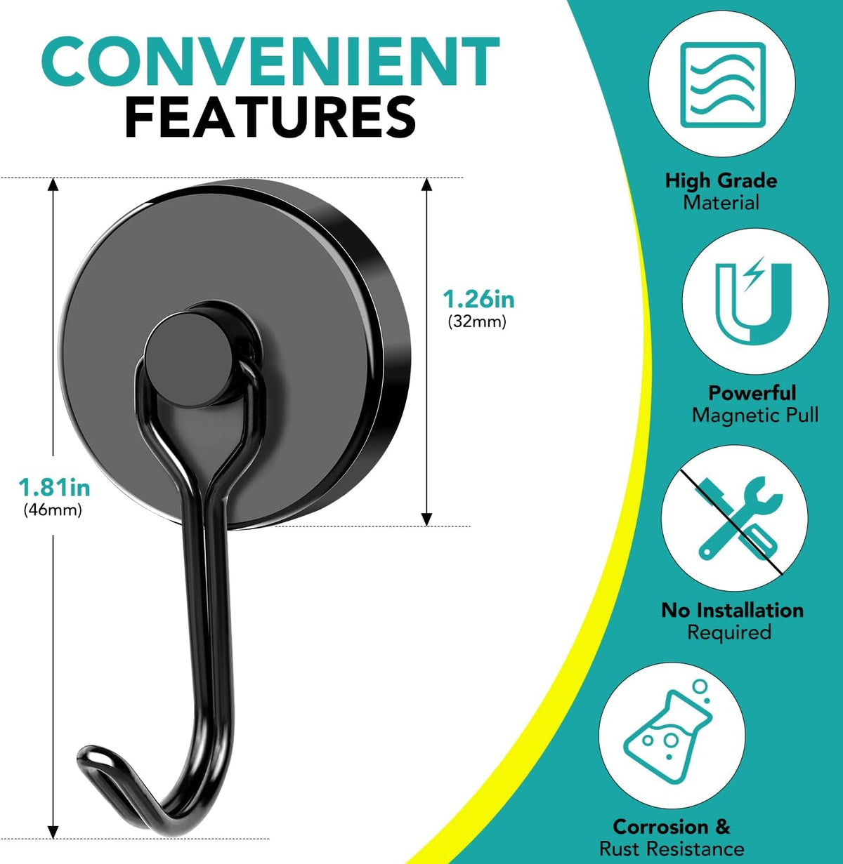 DIYMAG Black Magnetic Hooks,110LBS Strong Magnetics Heavy Duty, Magnet Hook with Metal Hanger for Hanging Refrigerator Home Kitchen Office, 4Pack