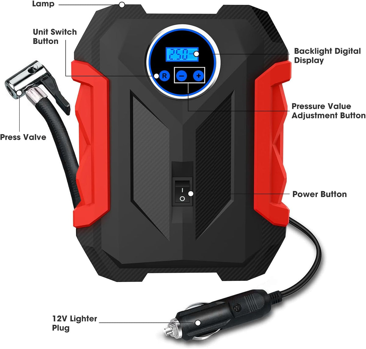Digital Air Compressor for Car Auto Pump Portable Tire Inflator with LED Light DC 12V, Red