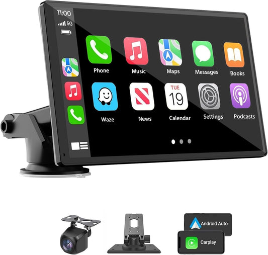 Portable Wireless Carplay Car Stereo, 7" HD Touchscreen for Car with Apple CarPlay & Android Auto with Backup Camera/Mirror Link/Voice Control/Bluetooth/GPS/AUX/FM Satellite Radio for All Vehicles