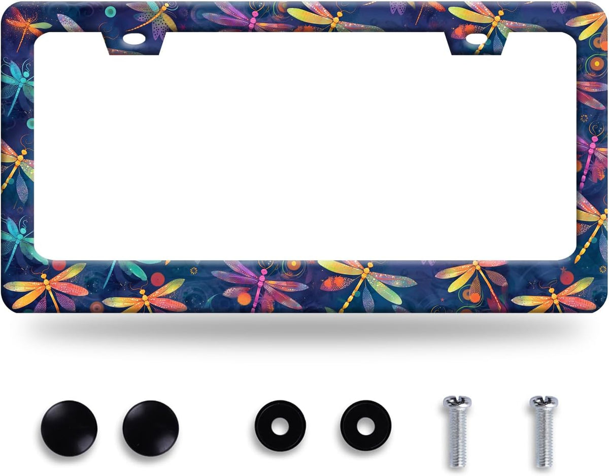 Dragonflies License Plate Frame Funny Dragonfly License Plate Frames Stainless Steel Accessories Cars Decor with 2 Holes and Screws Fits Standard Us Ca Vehicles License Plate Holder 12.2 X 6 Inch