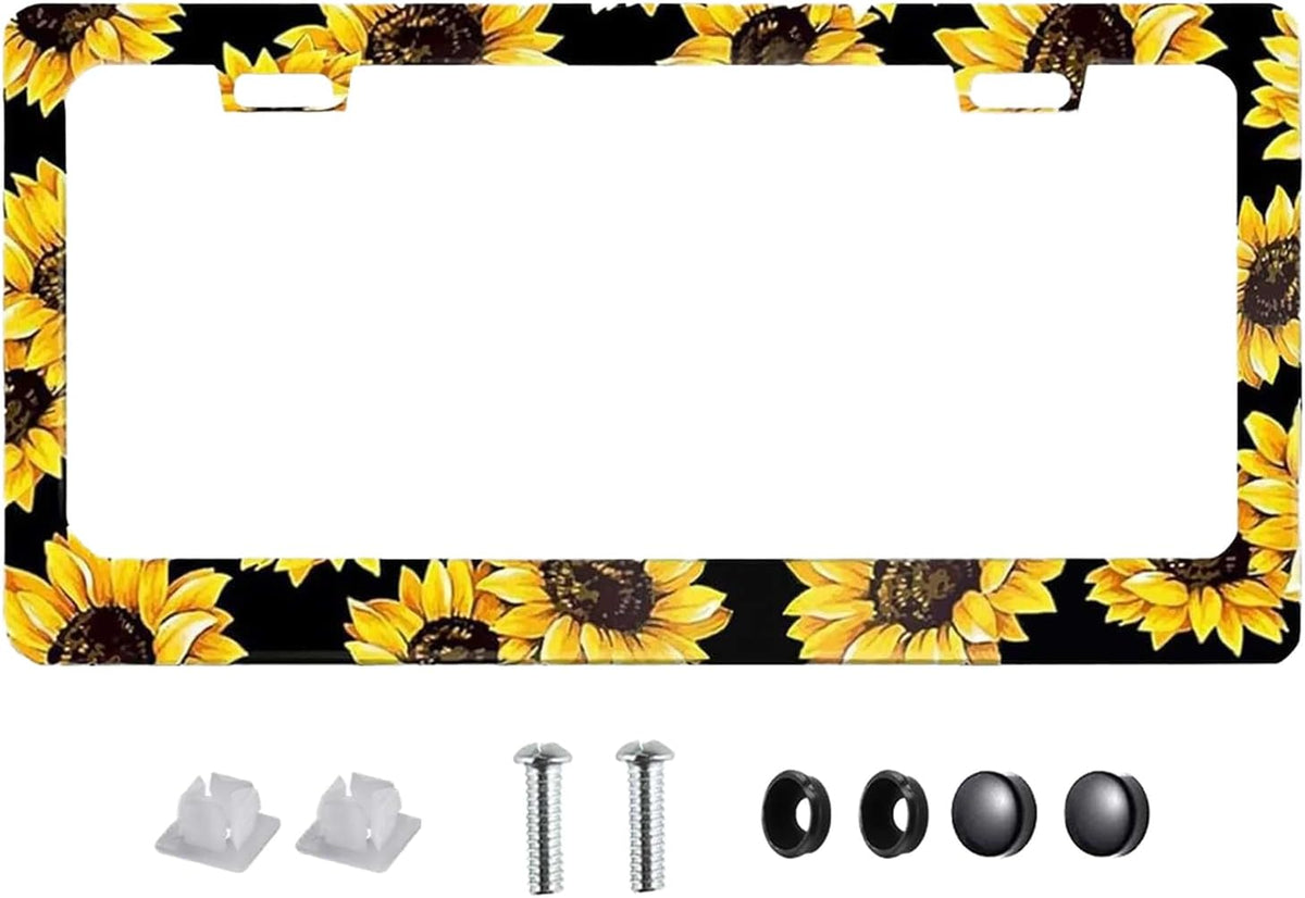 Sunflower License Plate Frame Nature Theme Sunflower License Plate Holder Auto Accessory Bracket Aluminum Floral License Tag Plate with Screws 6x12 Inch-1Pcs
