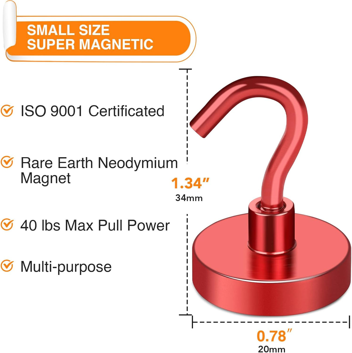MIKEDE Magnetic Hooks Heavy Duty, 40 Lbs Magnet with Hooks for Cruise Cabins, Strong Magnets Neodymium for Hanging, Magnetic Wall Hooks for Refrigerator, Locker, Workplace(Red, 4 Pack)