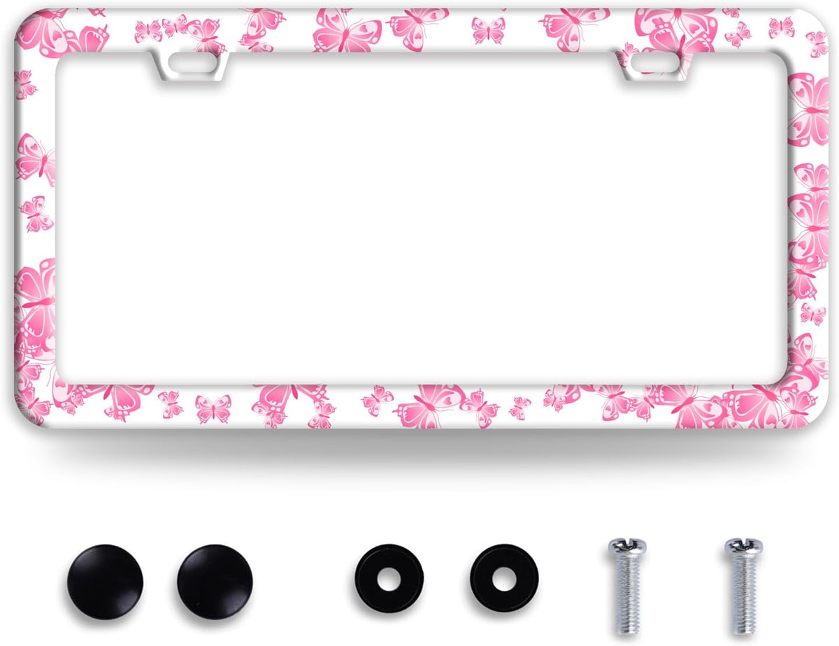Pink Butterfly License Plate Frame Funny Animal License Plate Frames Stainless Steel Accessories Cars Decor with 2 Holes and Screws Fits Standard Us Ca Vehicles License Plate Holder 12.2 X 6 Inch