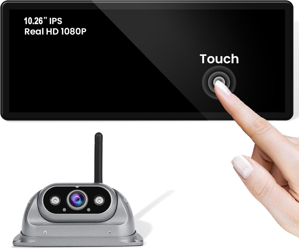 2.5D Display Wireless reversing Camera System FHD 1080P 10.26-inch touchable Display high-Definition Recording reversing Camera Suitable for RV Truck Trailer Wireless Stable Signal Transmission