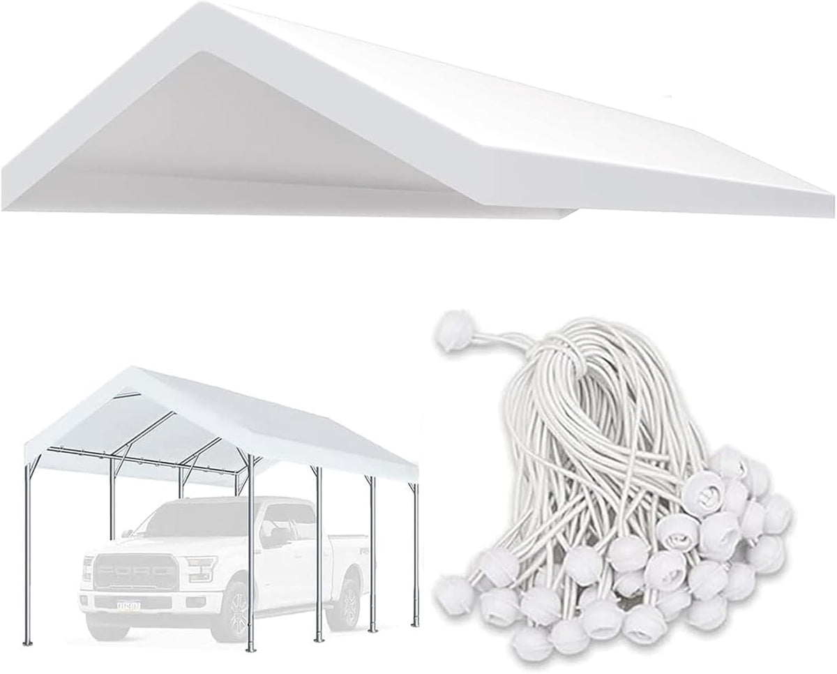 Carport Replacement Canopy Cover for 12 x 20 feet Car Tent Top Garage Shelter Cover Tarp with Ball Bungees (Only Top Cover, Frame Not Include (12 x 20', White)